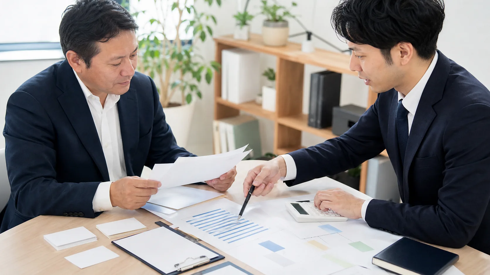会社とコンサルが追加融資の必要額と返済後資金を計算する場面