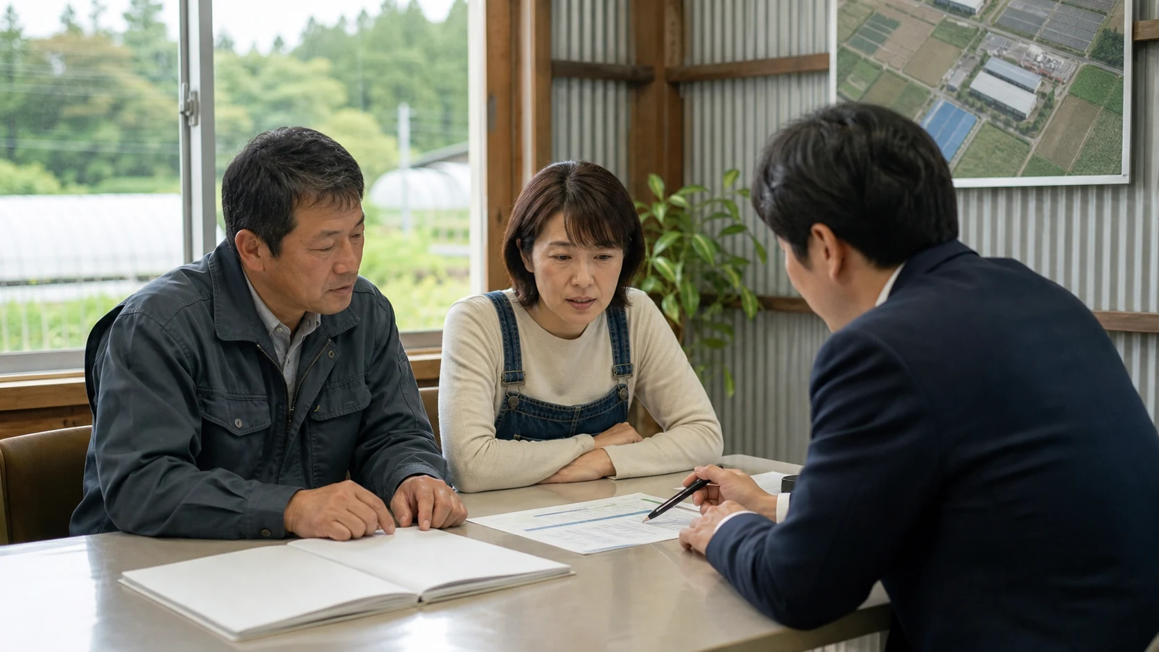 農業法人の経営者が金融機関担当者へ作期・収穫・設備・返済を説明する場面