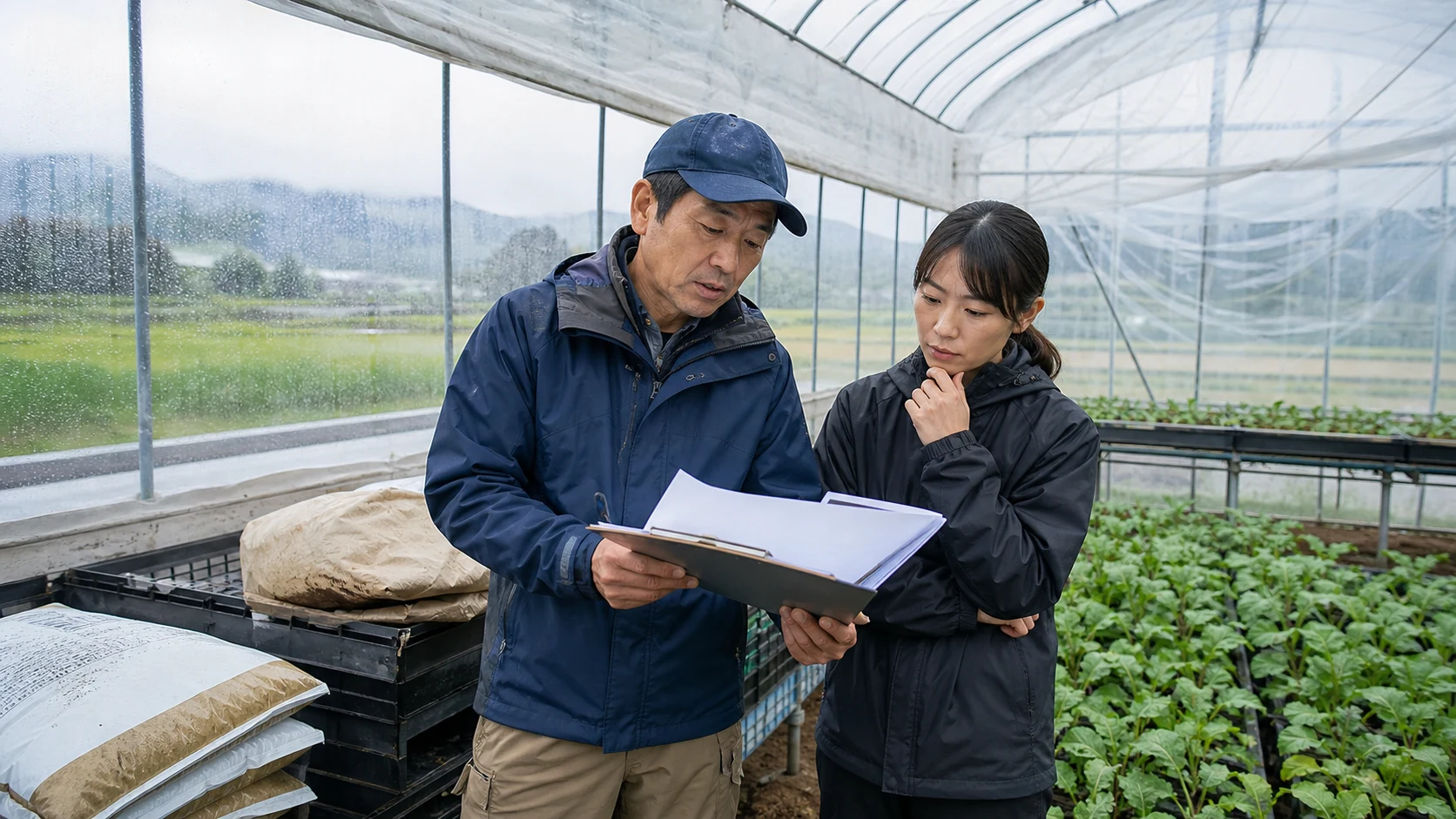 農業法人の経営者と生産責任者が温室で作付・資材・収穫時期を確認する場面