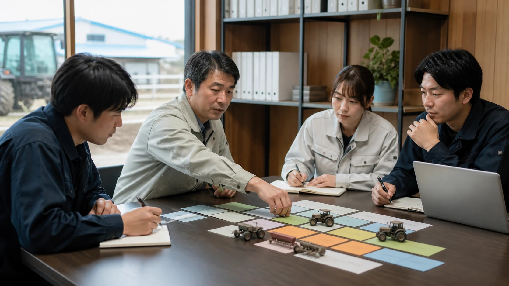 農業法人の経営者・生産・販売・財務担当が作期別資金計画を統合する場面