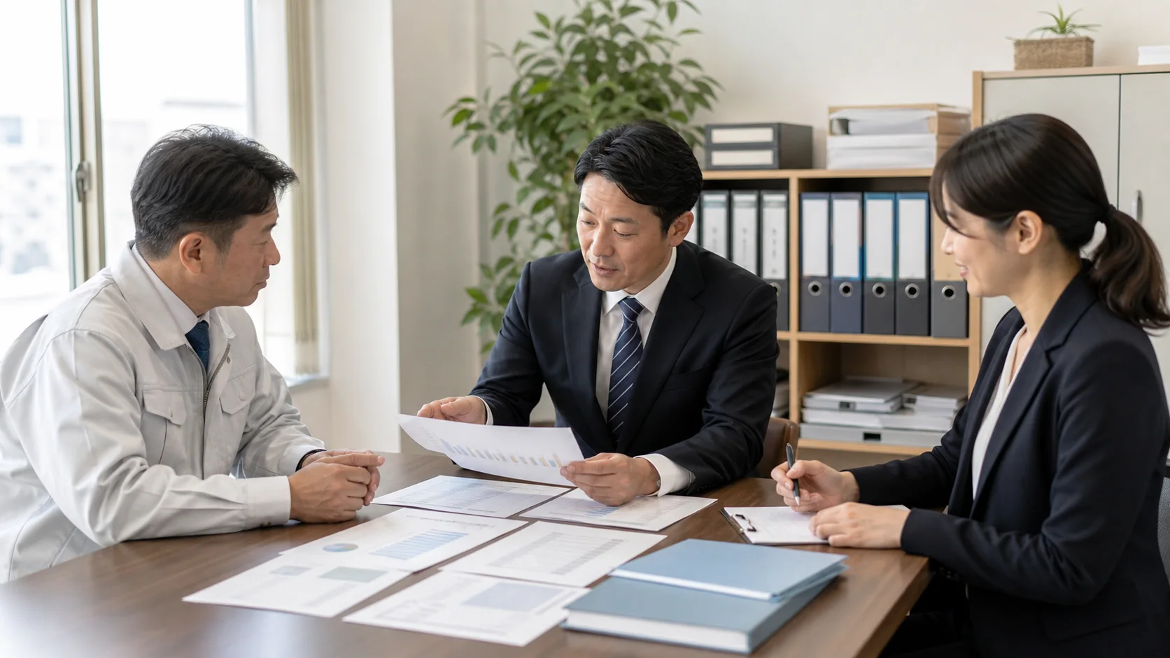 サービス会社の経営者と銀行担当者が正常売掛金と運転資金を確認する会議