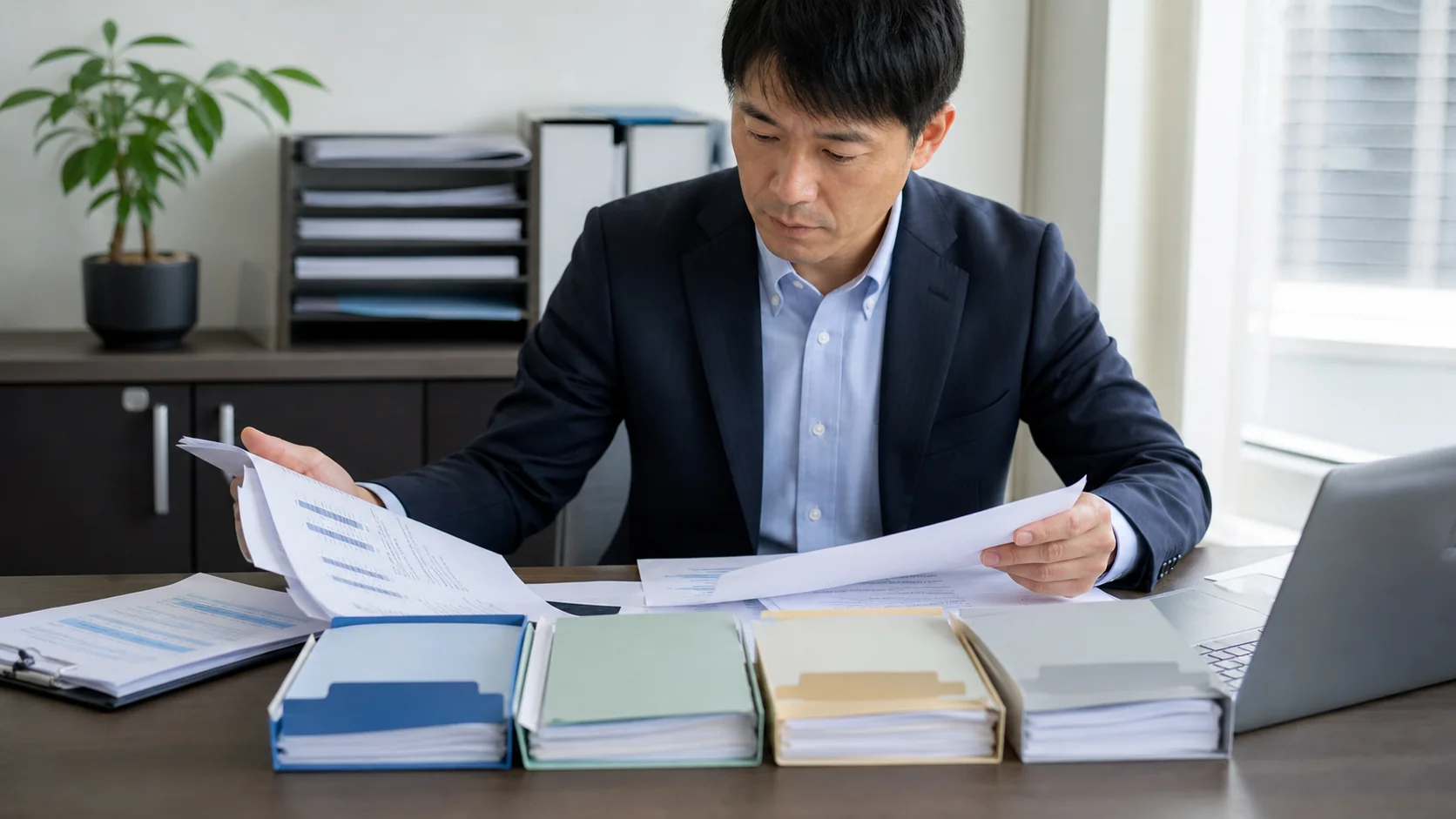 サービス会社の財務担当者が顧客別売掛金年齢表と請求書を照合する場面
