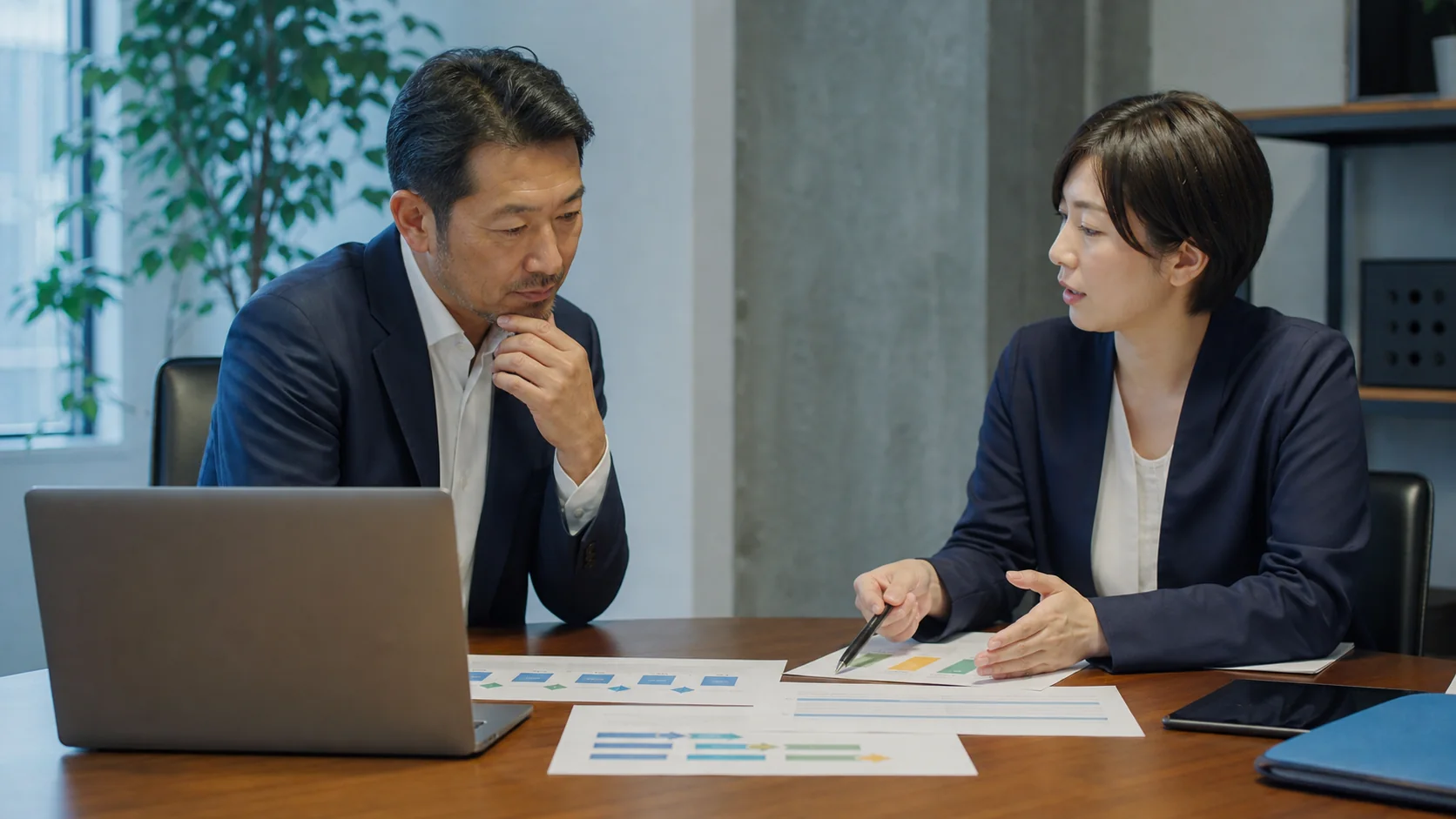 経営者と銀行担当者が役務提供期間、請求条件、入金予定を確認する会議