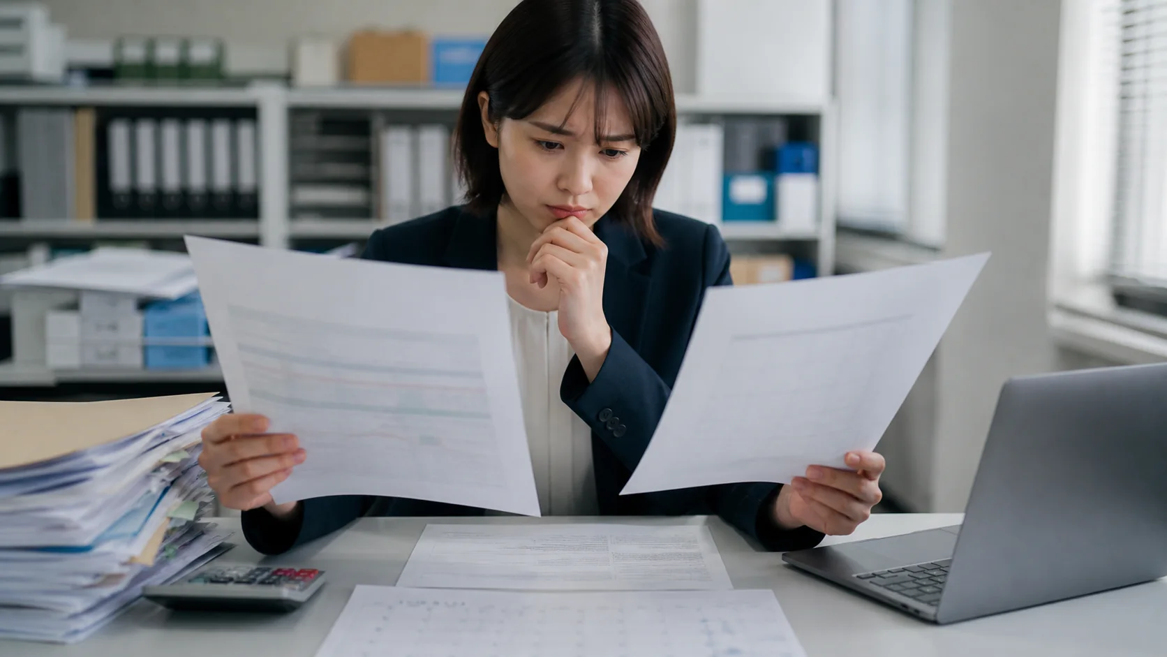 サービス会社の財務担当者が未収収益の契約期間と請求条件を照合する場面