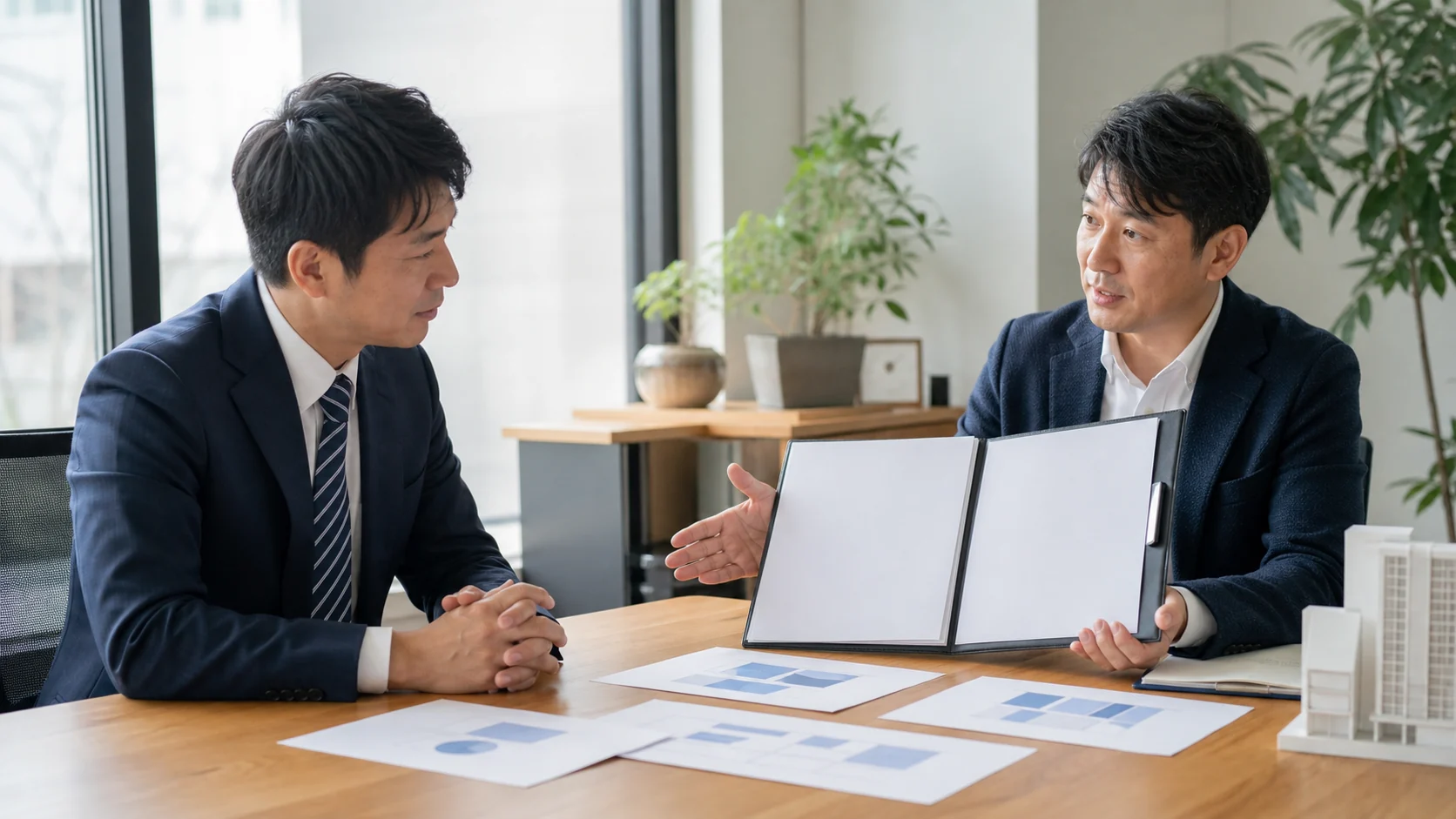 経営者と財務担当者と銀行担当者が追加借入の必要額と条件案を協議する会議