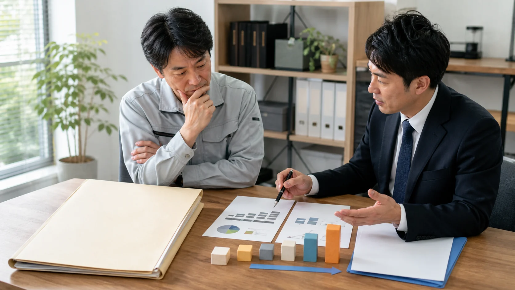中小企業の経営者と財務担当者が追加借入の必要額と返済案を検討する場面