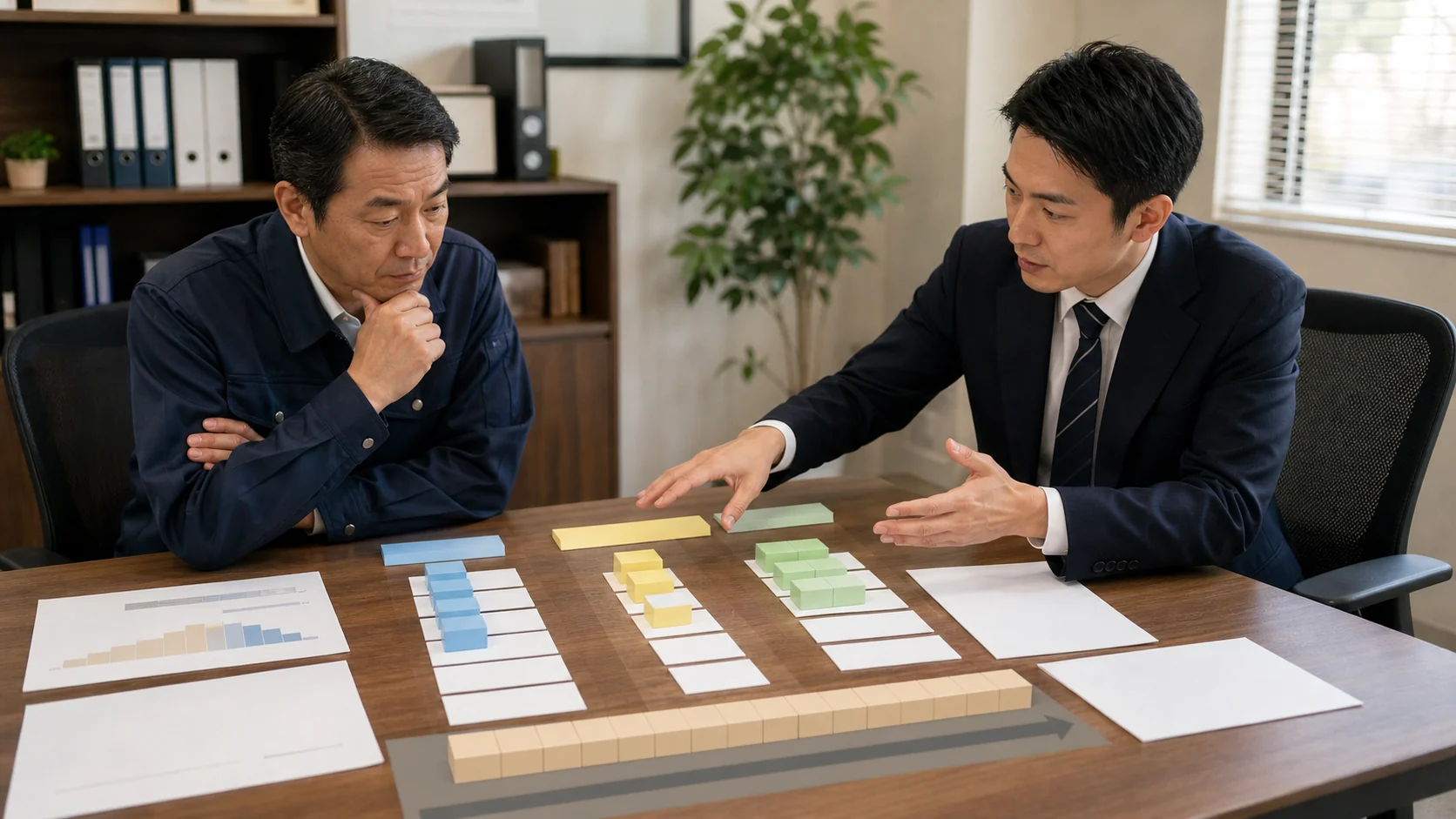 財務担当者が追加借入の返済条件別試算を整理する場面