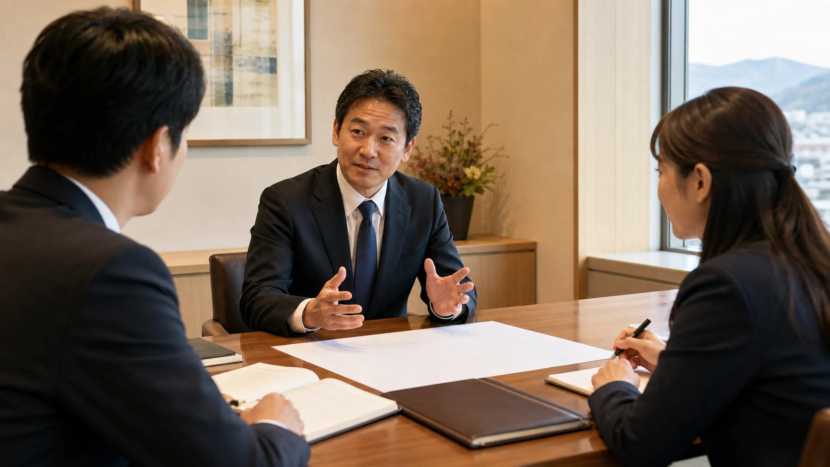 経営者が既存金融機関へ新規融資の使途と追加後返済計画を説明する場面