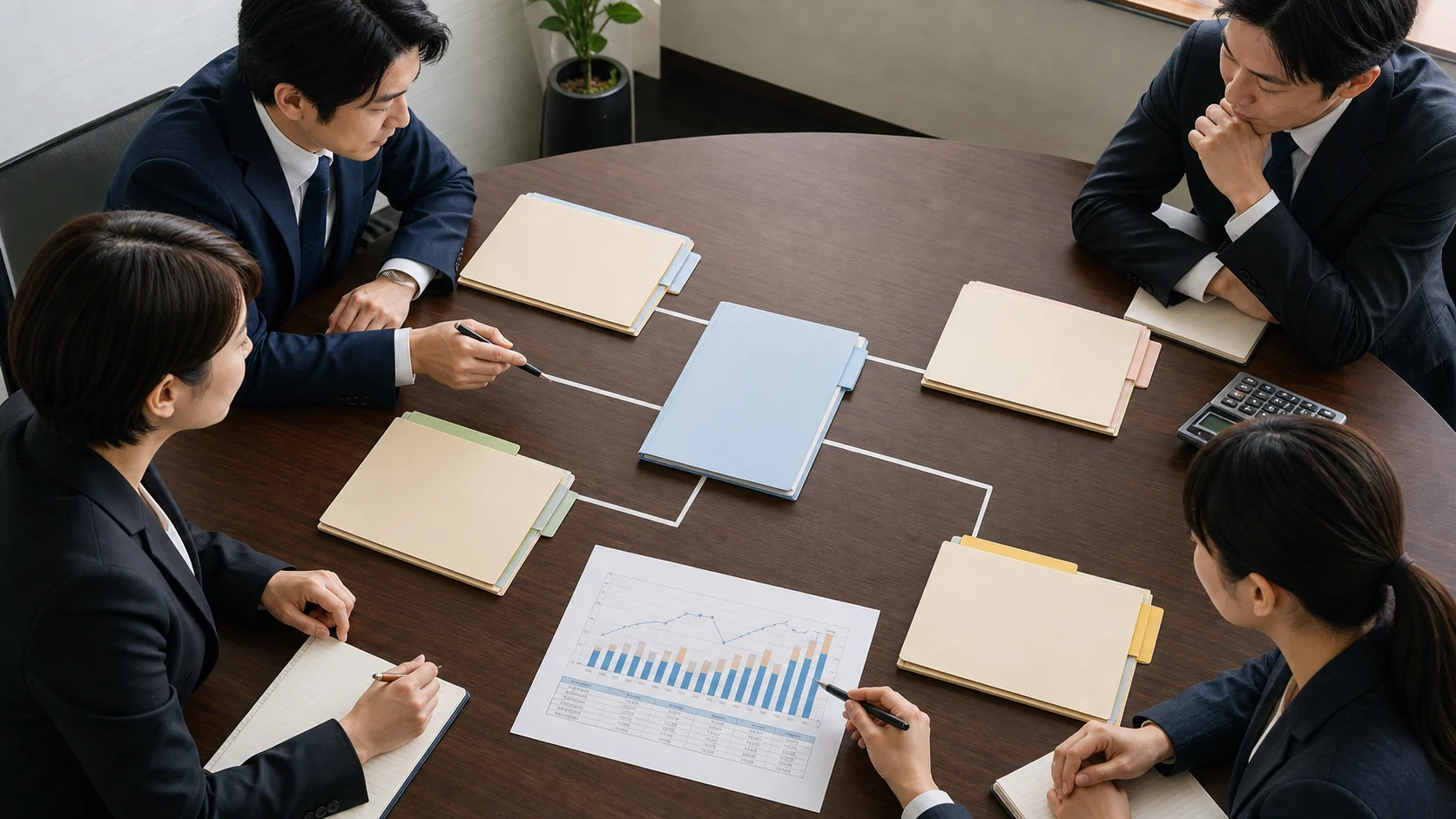 経営者と財務担当者が追加借入後の返済表と既存契約への影響を確認する場面