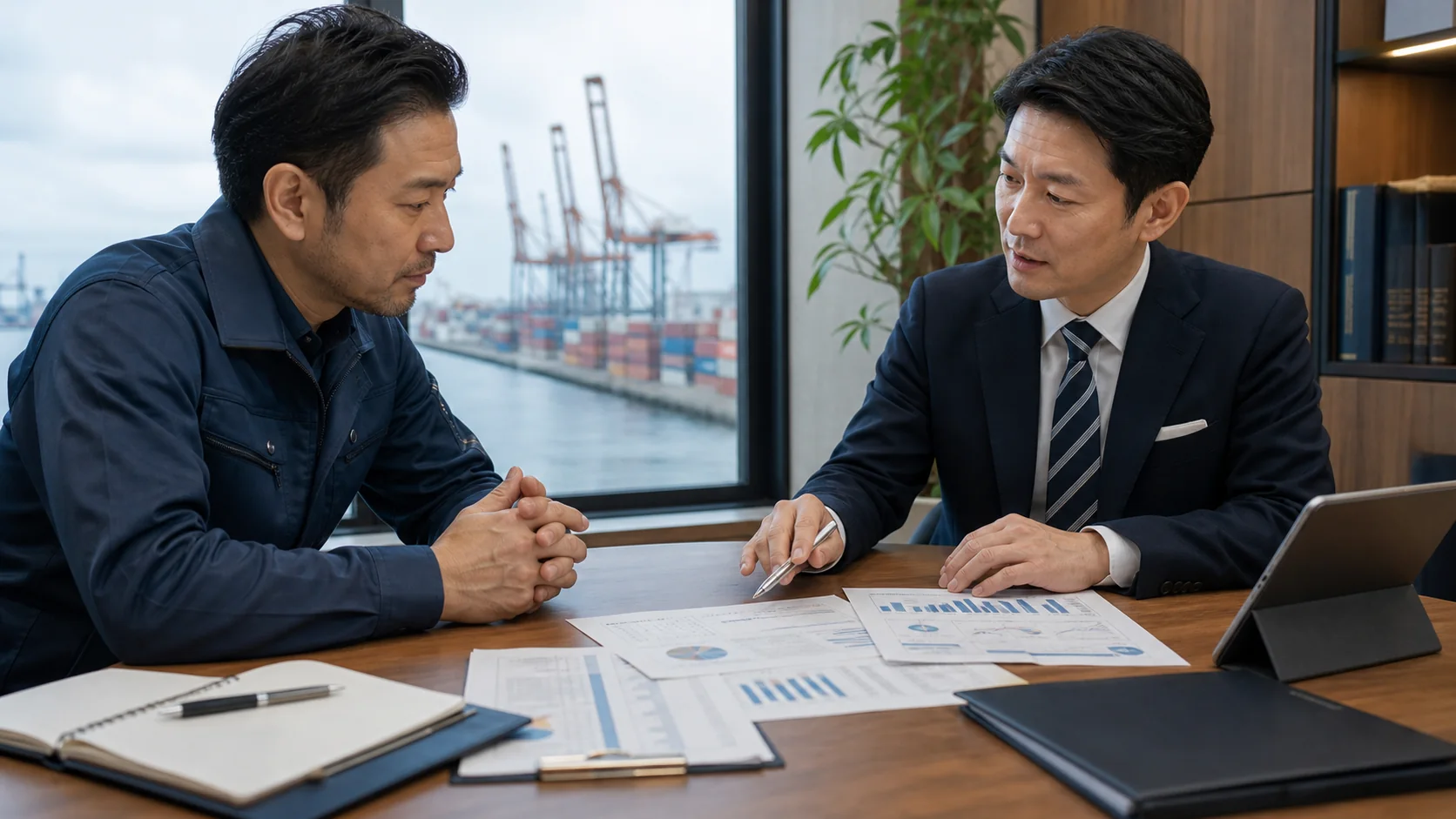 輸入会社の経営者と銀行担当者が前渡金納品遅延時の運転資金を確認する会議