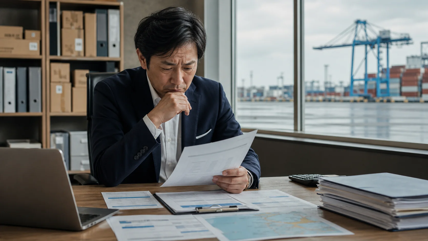 輸入会社の財務担当者が前渡金の契約と納品予定を照合する場面