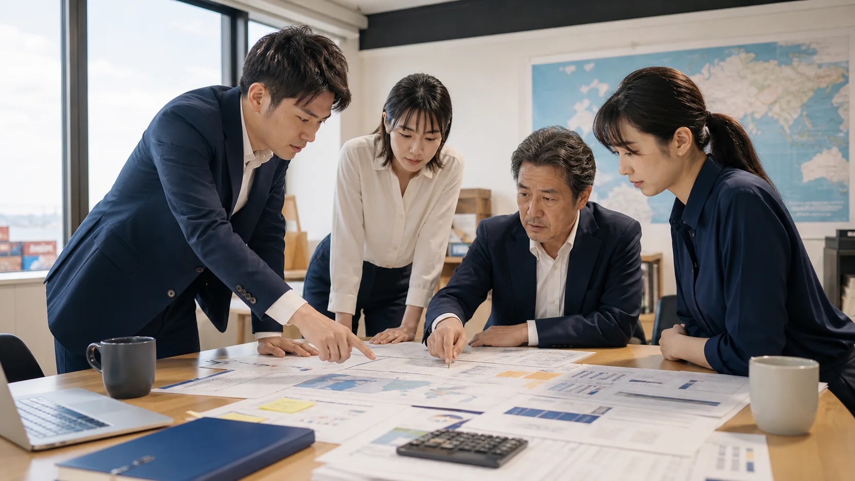 輸入会社の経営会議で前渡金の納品遅延と代替調達資金を確認する場面
