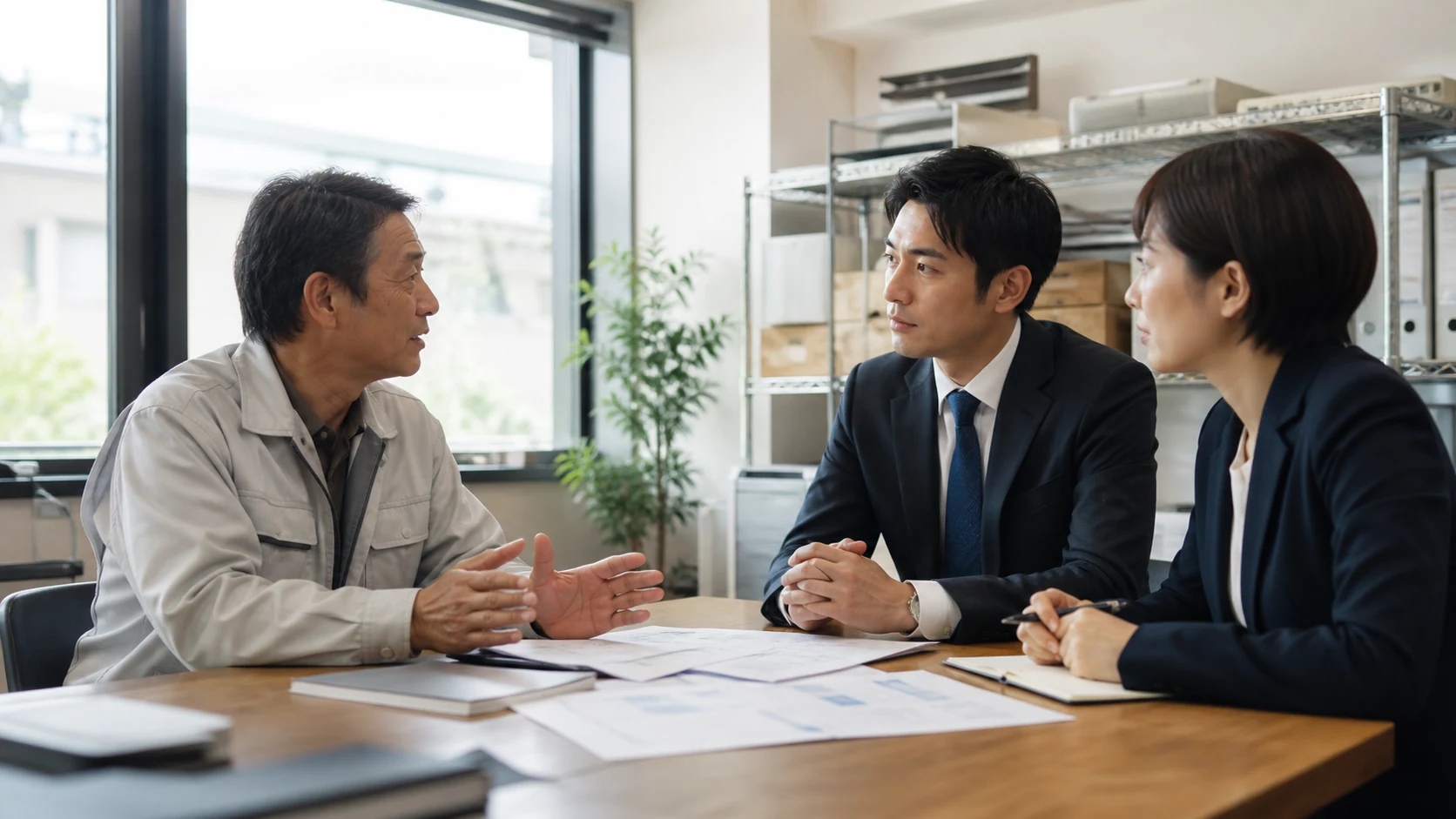 経営者と銀行担当者が前受金案件の履行・残原価・返金不足を確認する会議