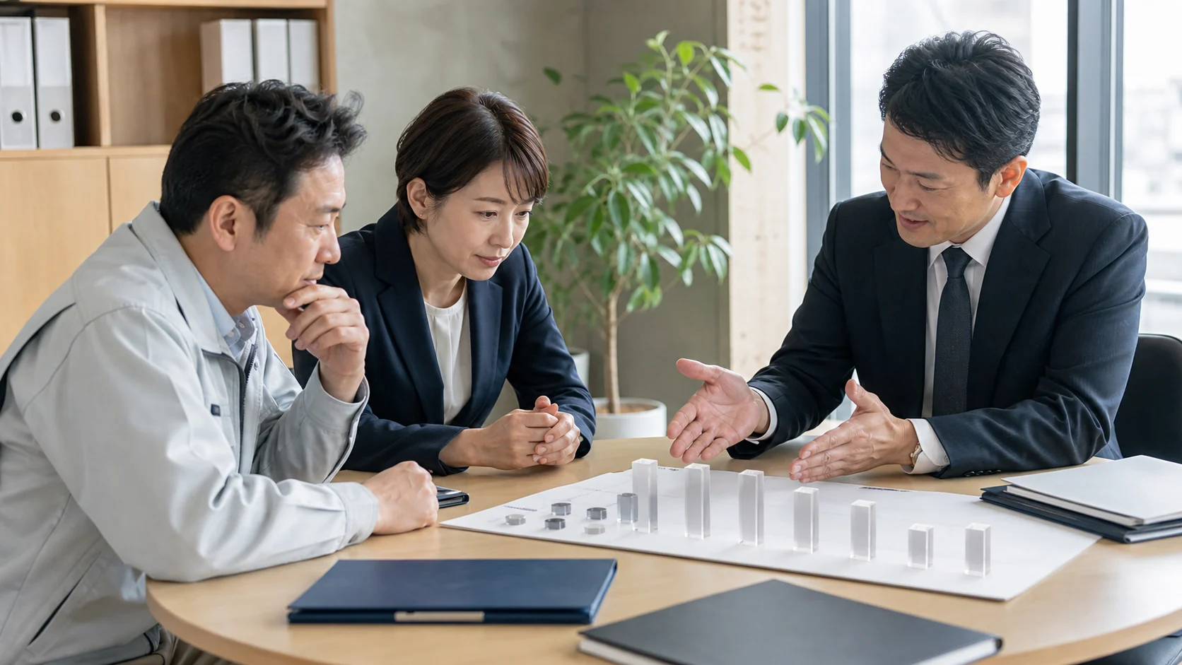 経営者と財務担当者と銀行担当者が借入の金利と総費用を確認する会議