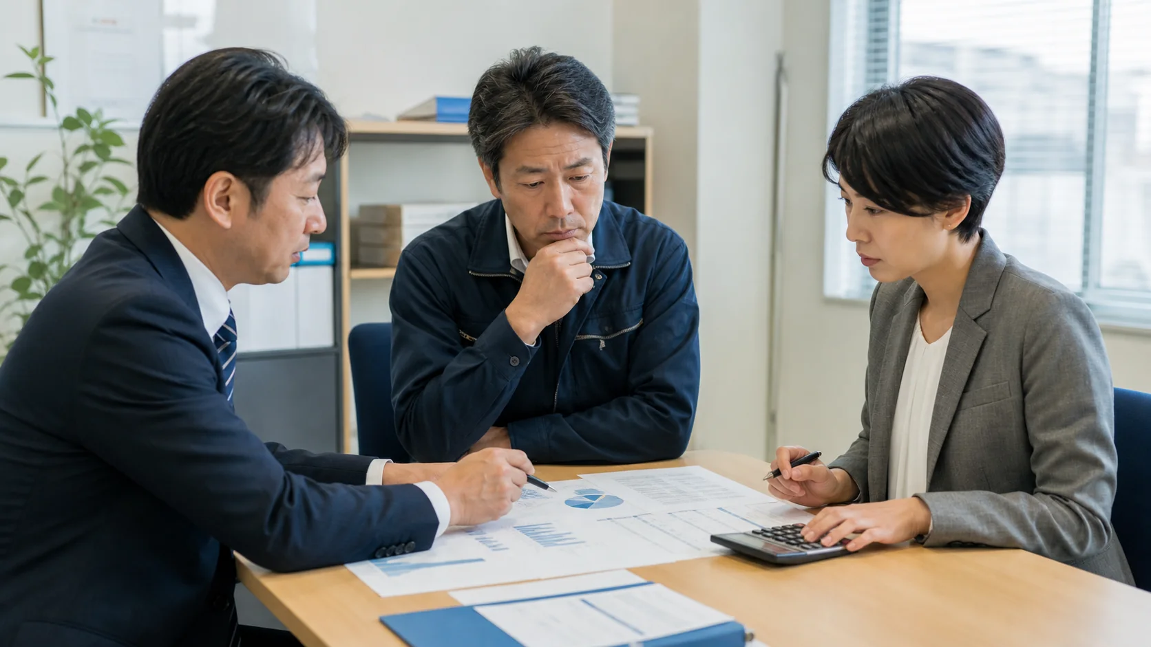 経営者と銀行担当者が債権年齢表、回収実績、追加損失を確認する会議
