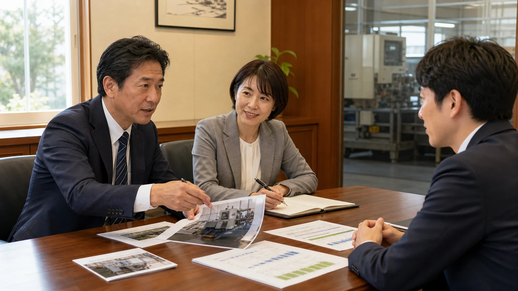 経営者と金融機関が遊休資産の売却条件と売却後返済計画を確認する場面