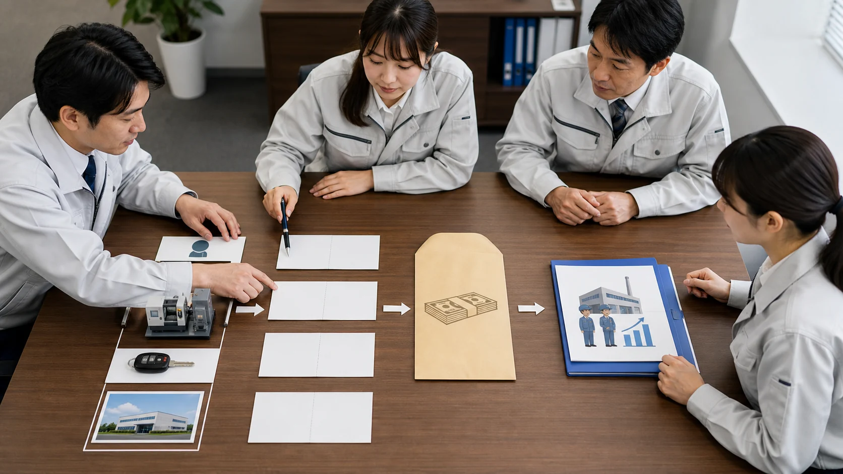 経営者と担当者が資産売却の純手取と売却後事業計画を確認する場面