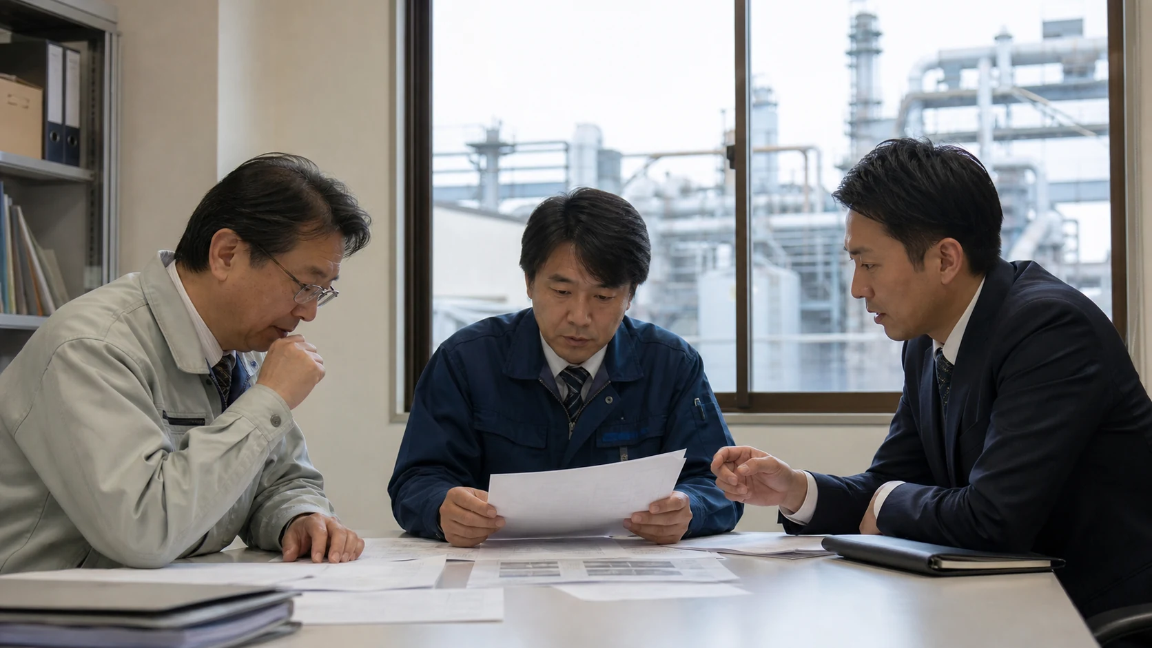 経営者と銀行担当者が撤去義務・最新見積・移転資金・敷金を確認する会議