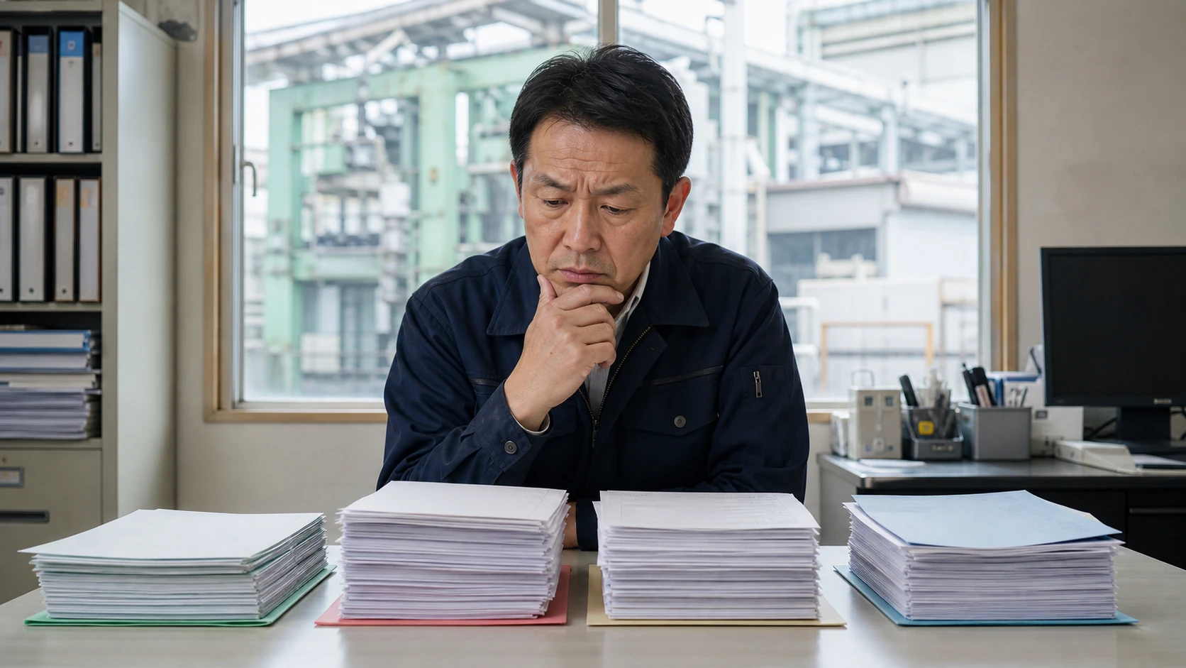経営者と財務担当者が固定資産の売却価格、残債、諸費用を比較する場面