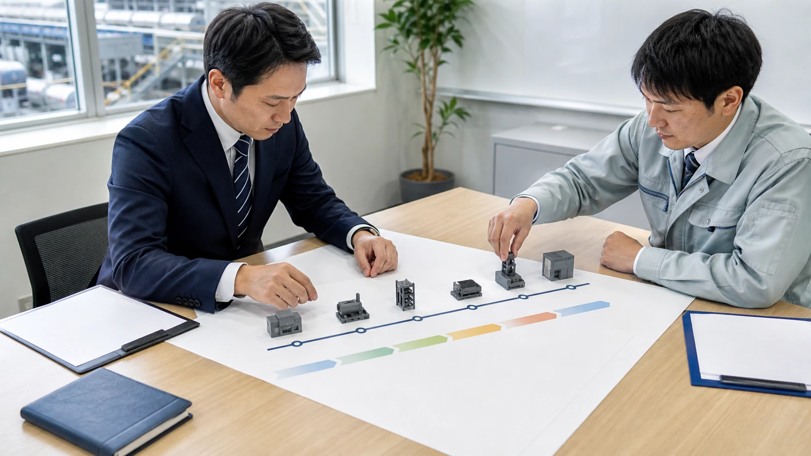 経営者と銀行担当者が固定資産売却後の手取と代替投資を確認する会議