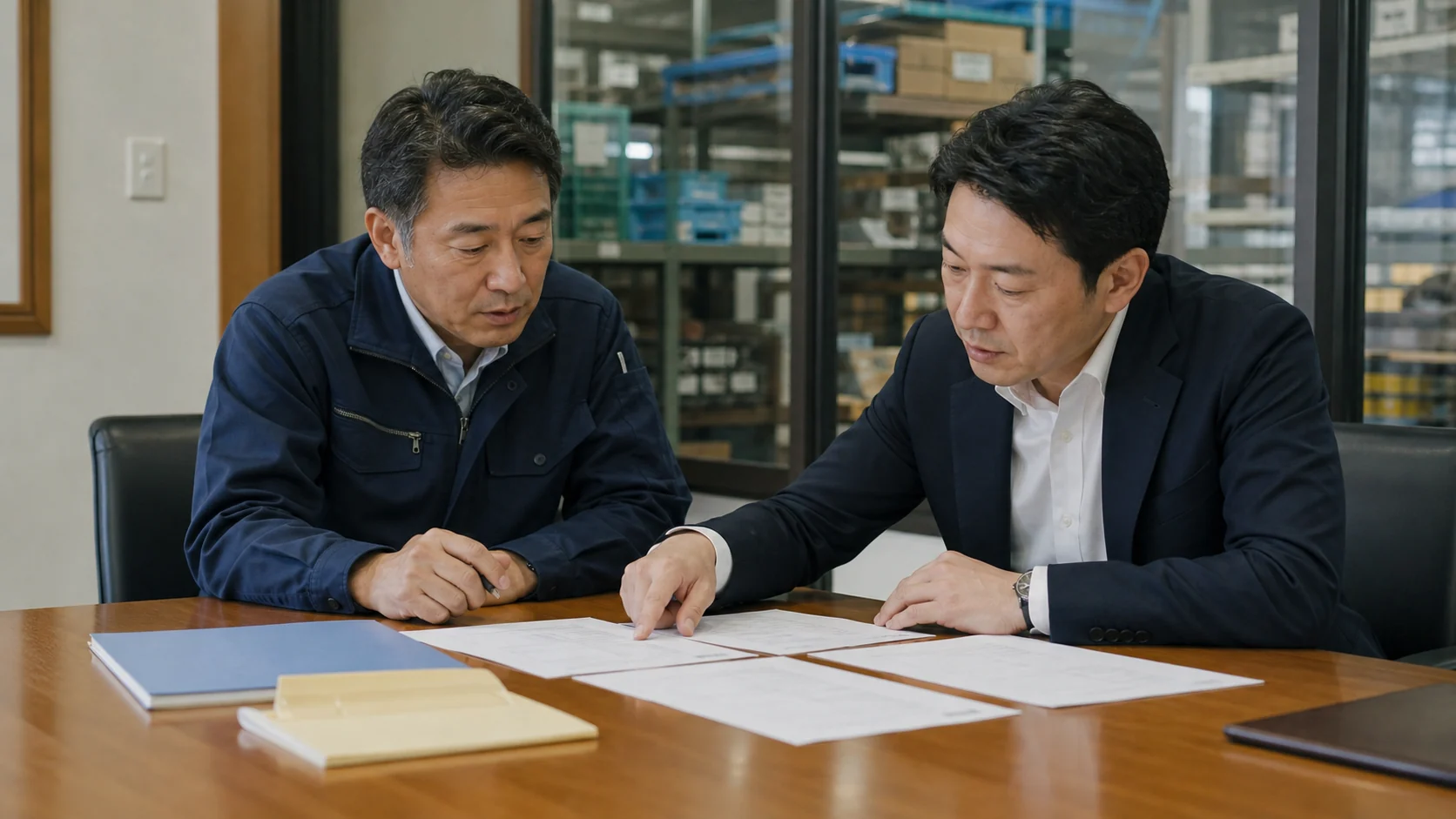 部品卸会社経営者と資金調達アドバイザーが回収不能時の不足額を比較する会議