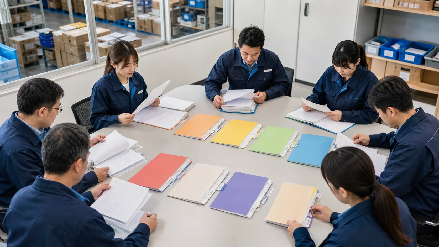 部品卸会社の管理チームが債権別の回収期限と与信条件を整理する会議