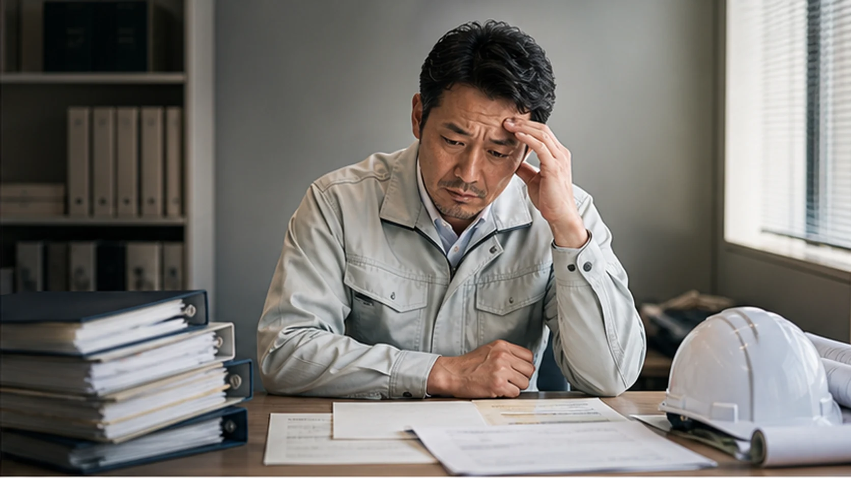 建設会社の経営者が大口失注の影響を銀行担当者へ報告する準備場面