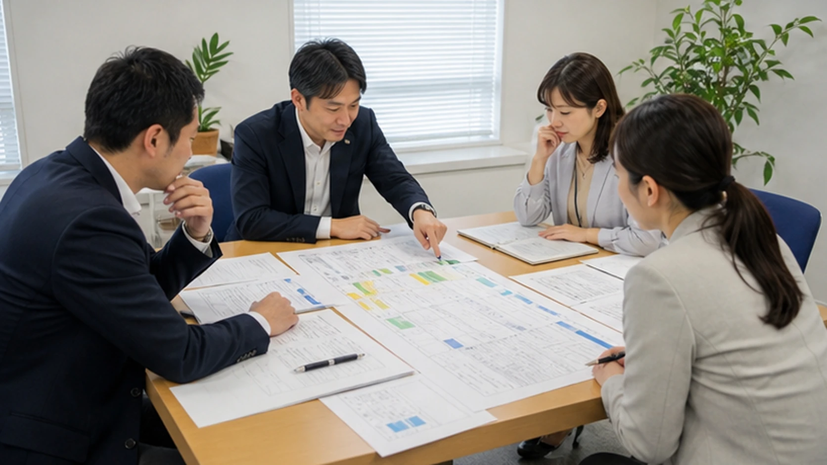 財務担当者と銀行担当者が年間提出カレンダーと追加資料期限を確認する面談