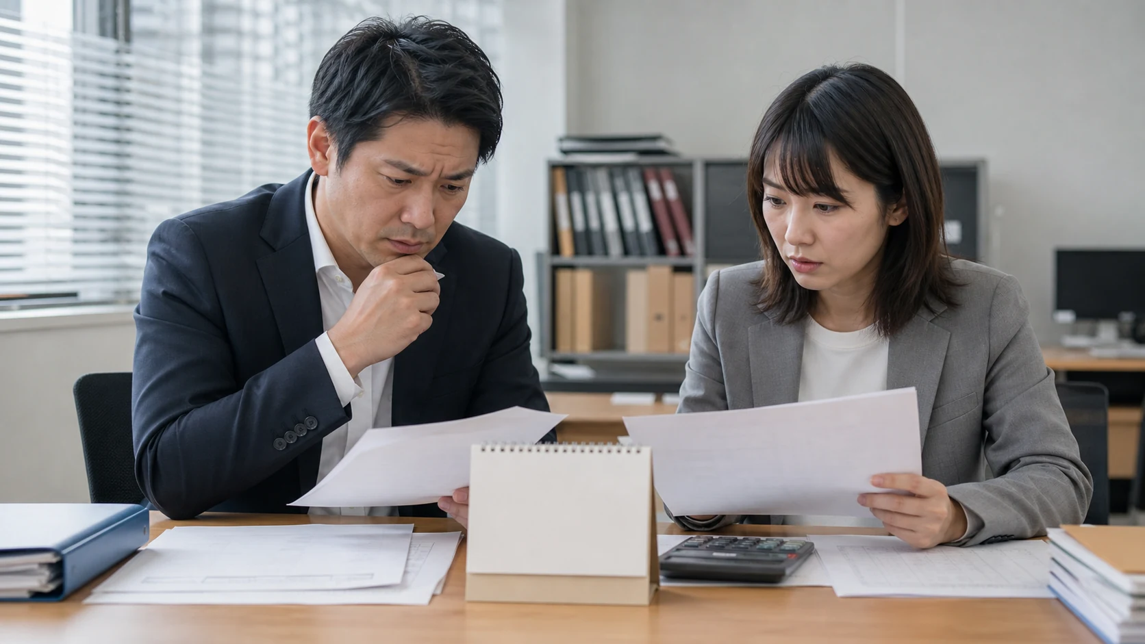 経営者と人事担当者が賞与引当金の対象者と支給月資金を確認する場面