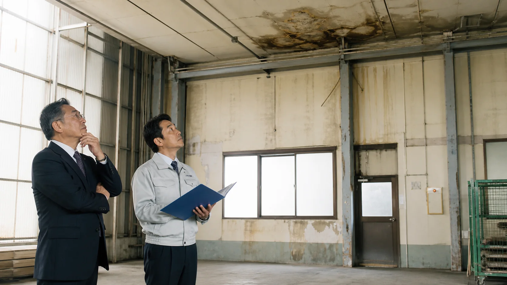 中小企業の担当者が建物台帳、登記、稼働区画、修繕計画を照合する場面