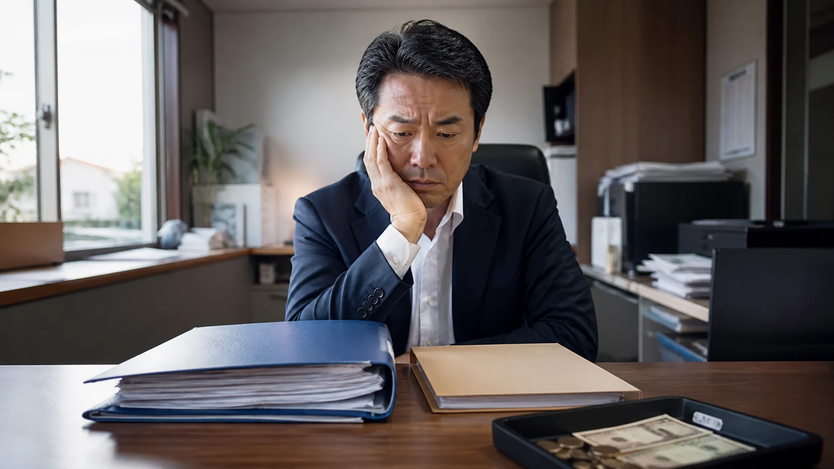 中小企業の経営者が満期一括返済の借入契約と更新期限を確認する場面