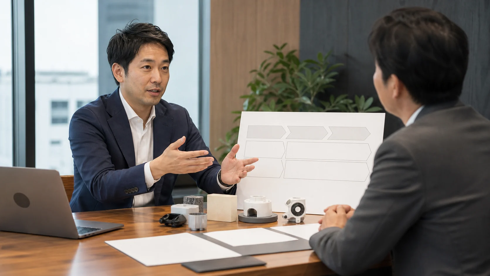 経営者が銀行担当者へ新規事業の段階投資と未達時対応を説明する場面