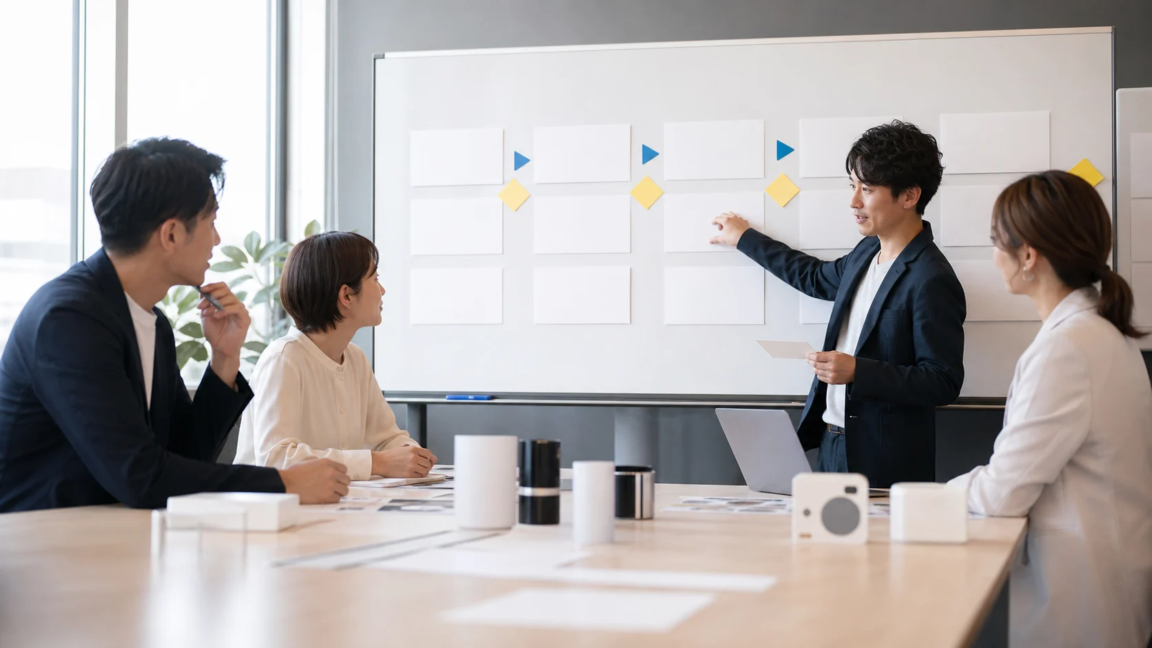 経営者と財務担当者が事業変更の段階計画と資金繰りを見直す場面