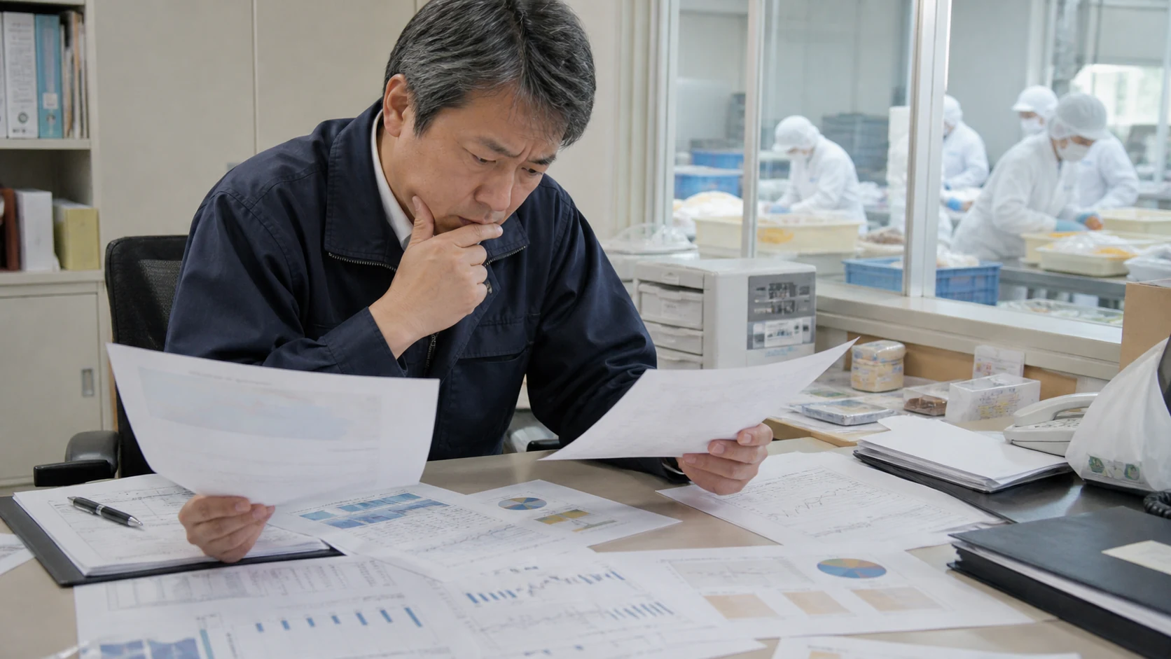 希望的な売上計画と実績資料の不一致を確認する食品会社経営者