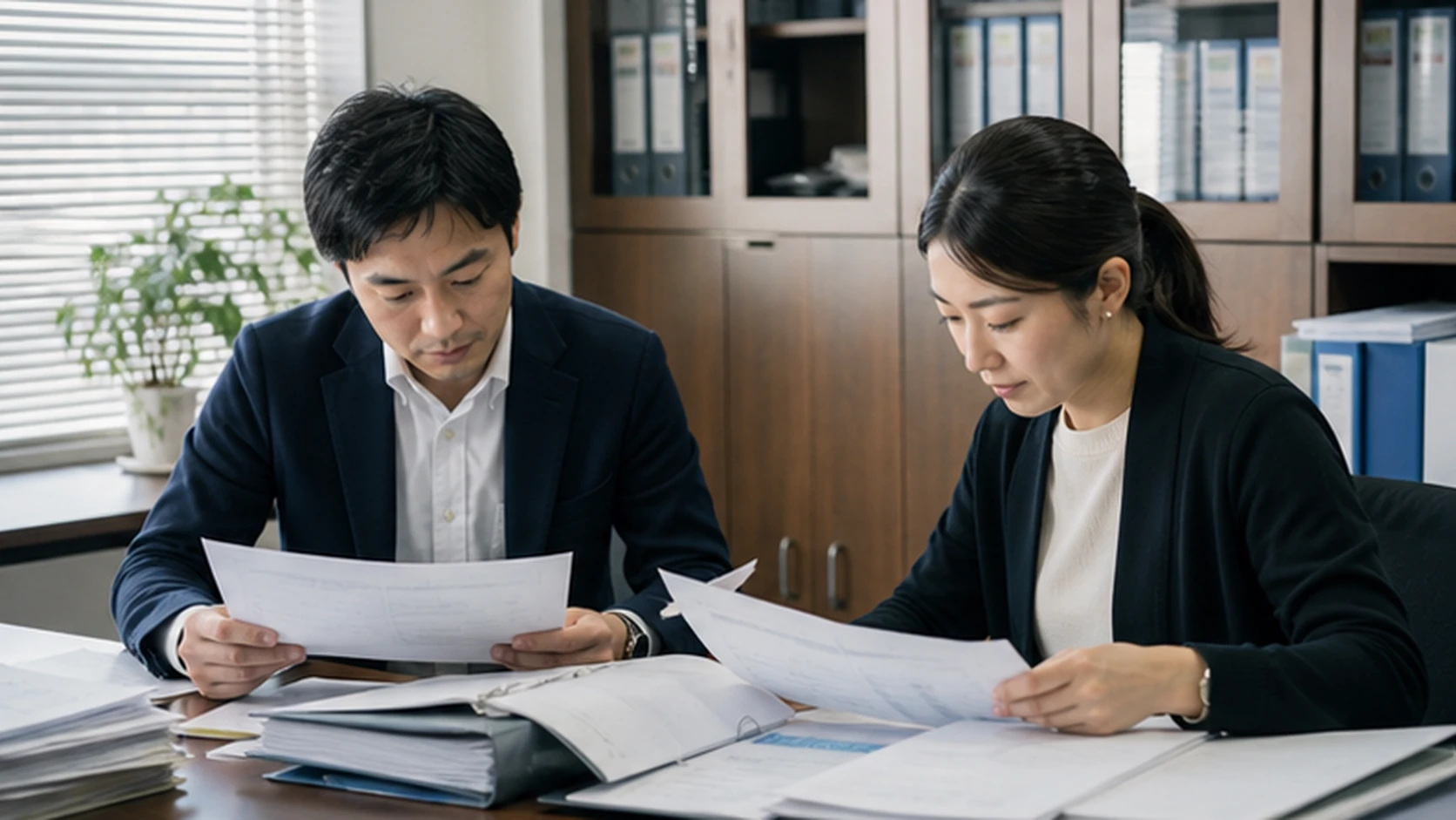 経営者と財務担当者が事業計画、顧客KPI、資金使途、既存担保を確認する場面