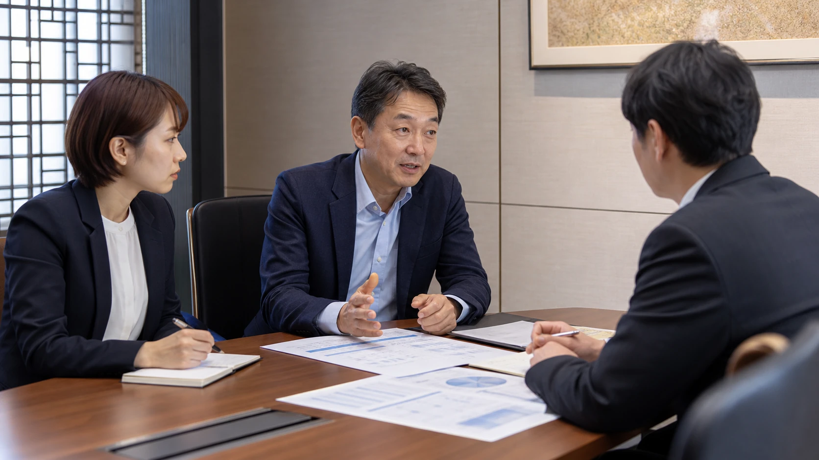 経営者と銀行担当者が資本金の出資履歴と現在の財務基盤を確認する会議