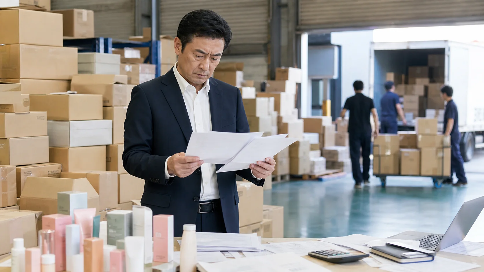 輸入卸の経営者が倉庫で在庫と売掛回収日を確認する場面
