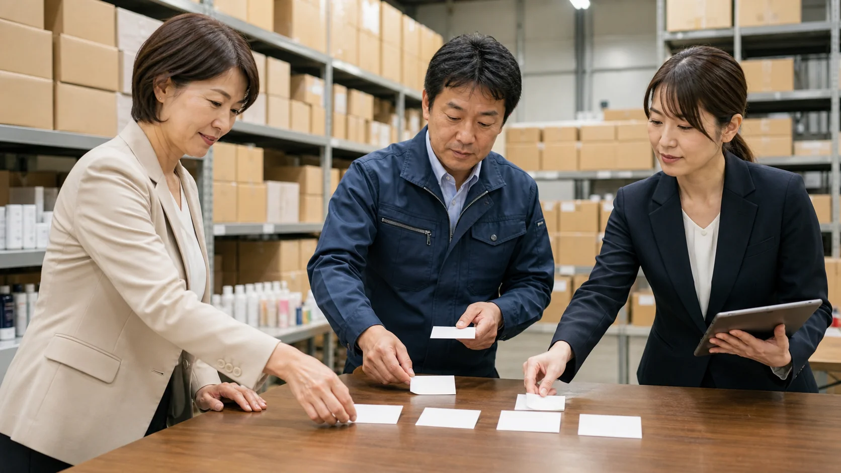 輸入卸の経営者と倉庫責任者がCCCと必要運転資金を確認する会議