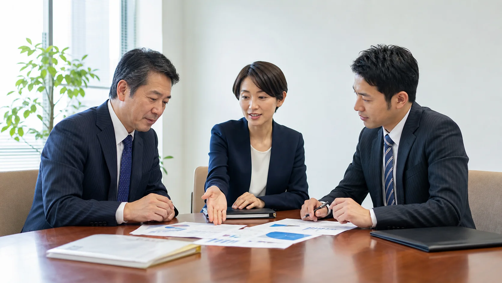 中小企業の経営者と銀行担当者が最低残高を守る調達額を確認する会議