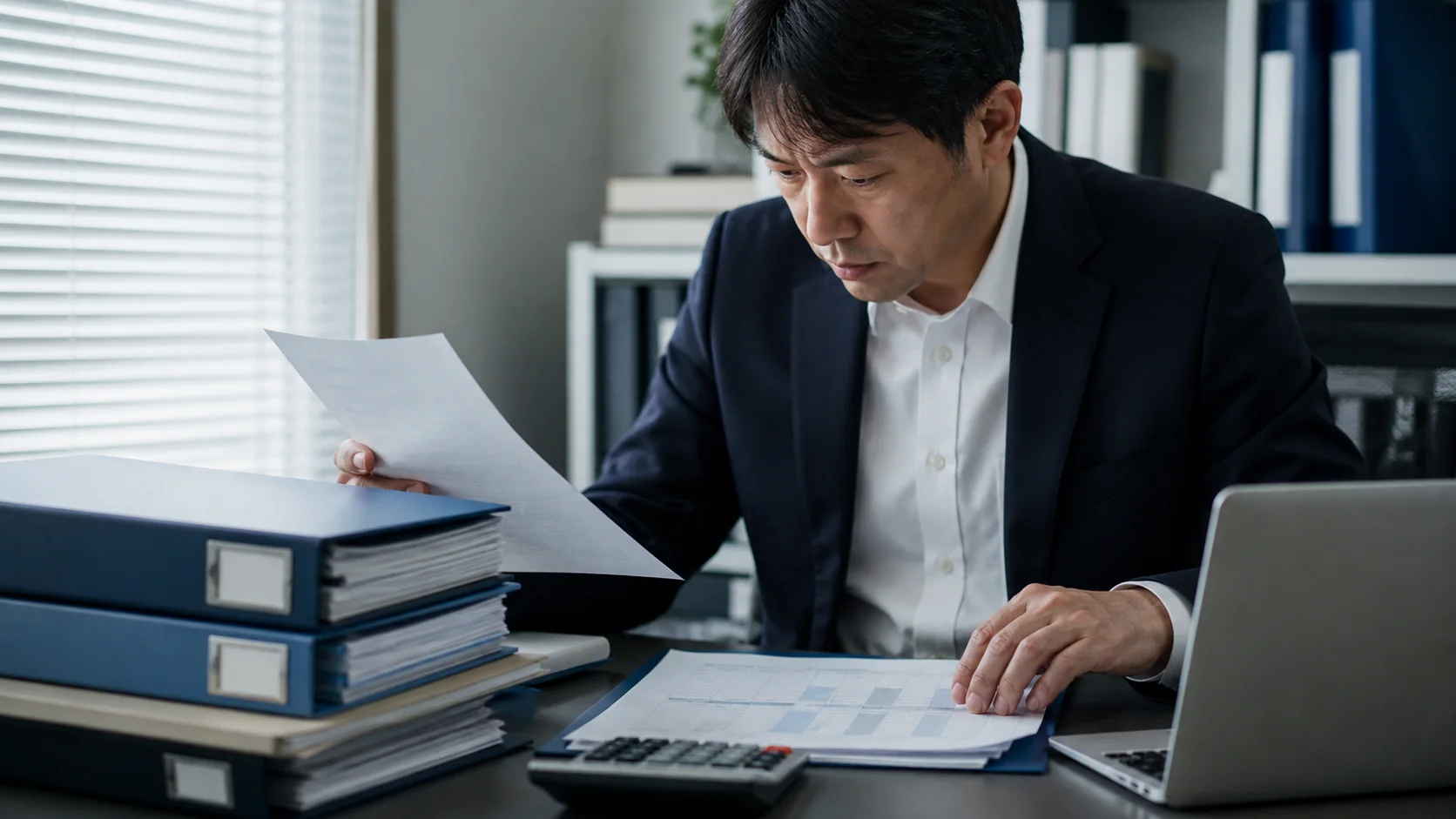 中小企業の経営者が複数口座の残高と給与税金返済予定を照合する場面