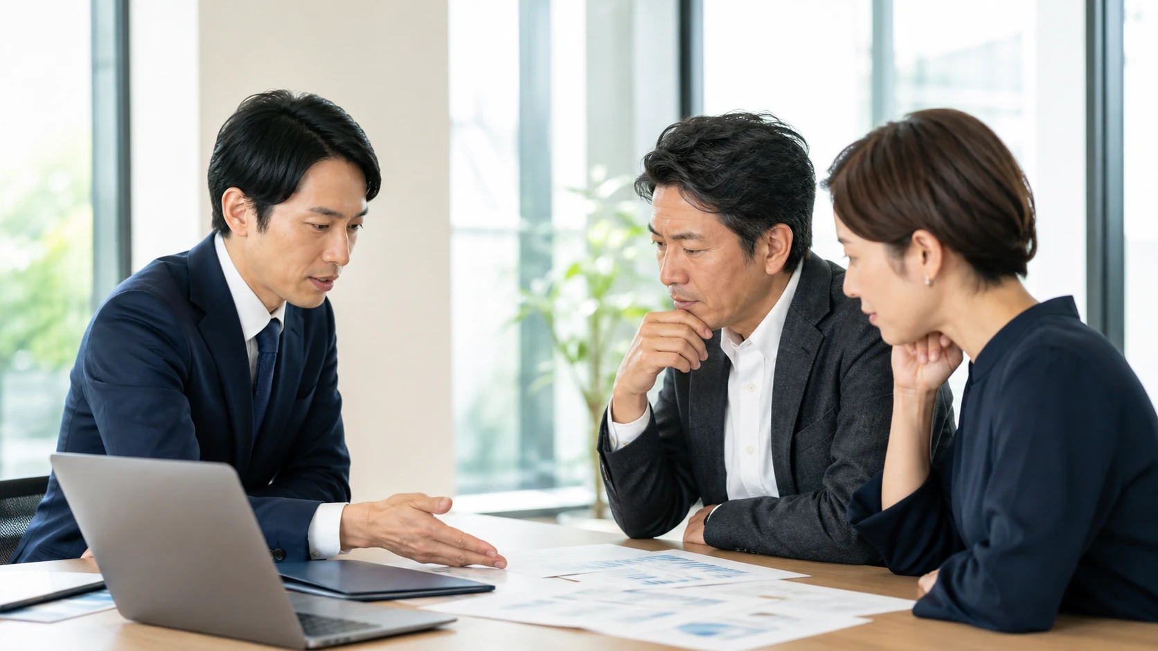 経営者・財務担当者・銀行担当者が短期債務の支払日と不足額を確認する会議
