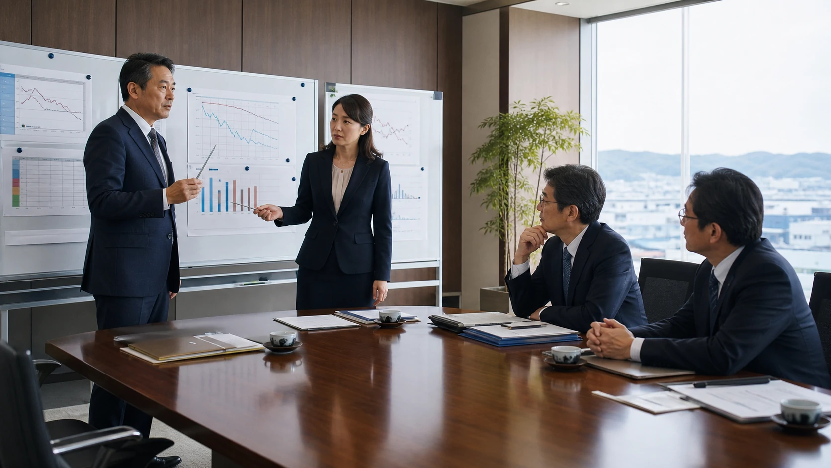 経営者・財務・銀行担当者が複合ストレス後の不足日と対応発動期限を確認する会議