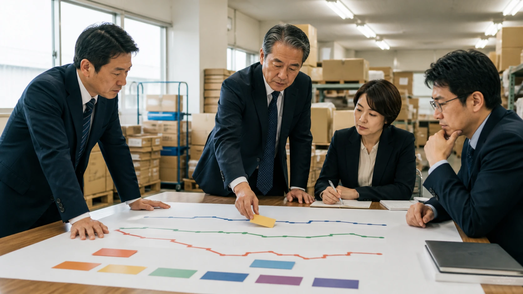 経営チームが複合ストレス後の不足日と対策発動期限を13週表で確認する場面