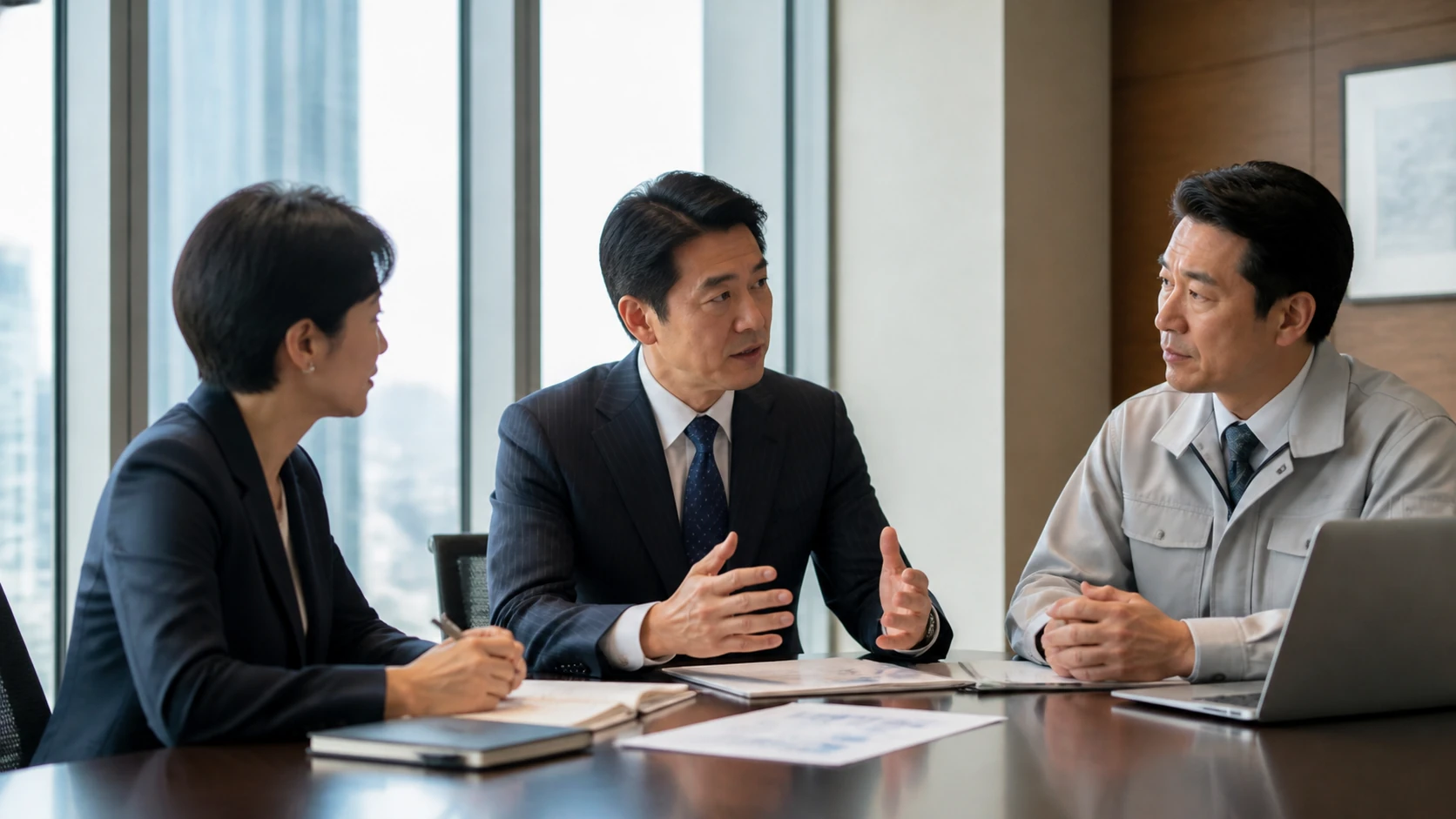 経営者・営業担当者・銀行担当者が売上の回収条件と成長資金を確認する会議