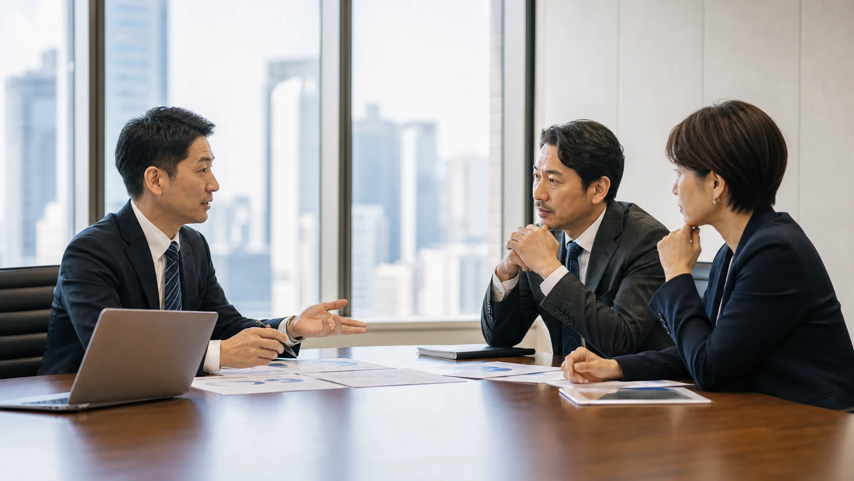 経営者・財務担当者・銀行担当者が利息倍率と元利返済後現金を確認する会議