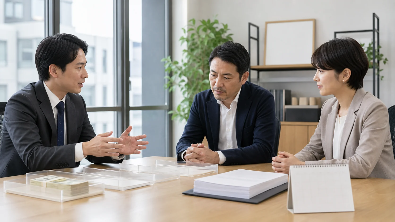 経営者、財務担当者、銀行担当者が手元資金と返済予定を確認する会議