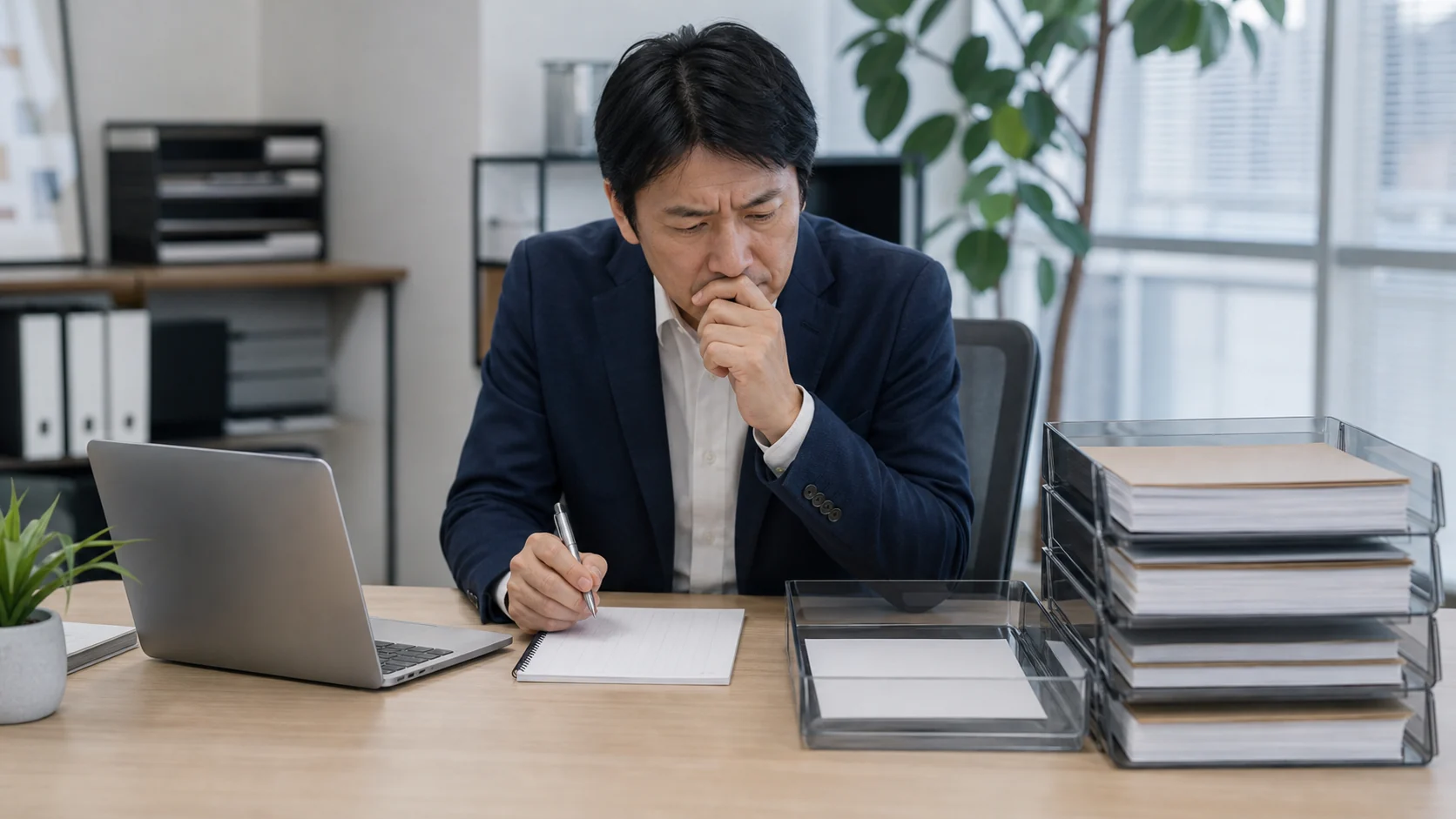 財務担当者が預金口座別の用途と借入返済日を確認する場面