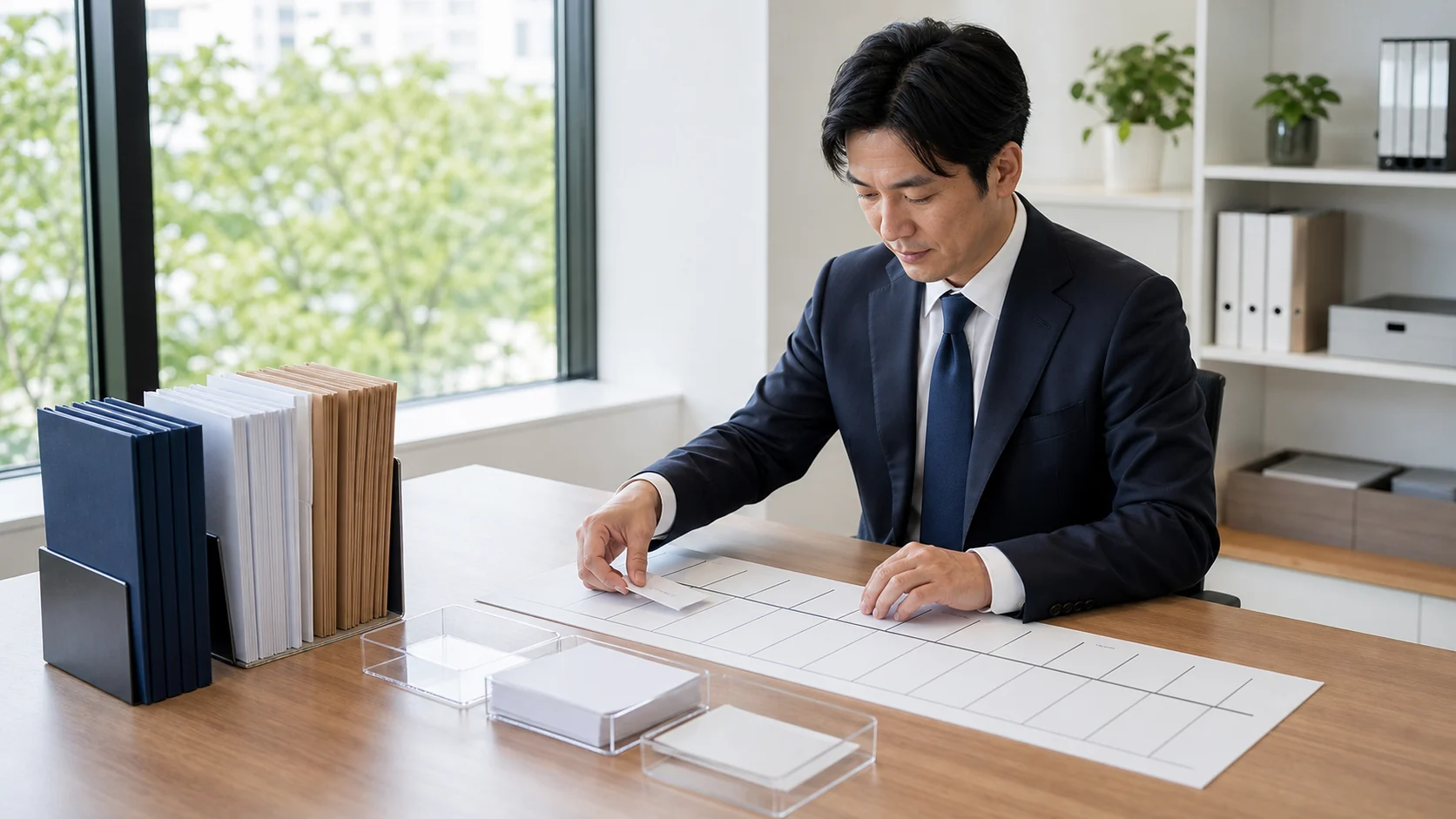 財務担当者が口座残高と13週返済カレンダーを整理する場面