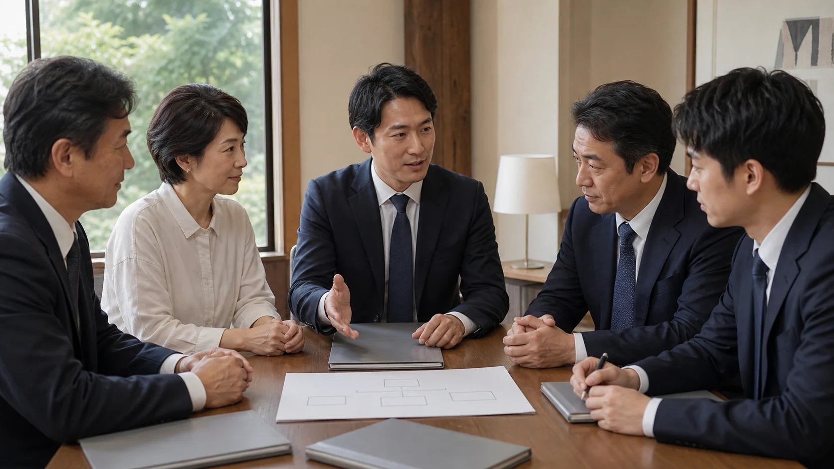 譲渡側と譲受側の経営者が金融機関と保証移行や融資継続条件を相談する場面