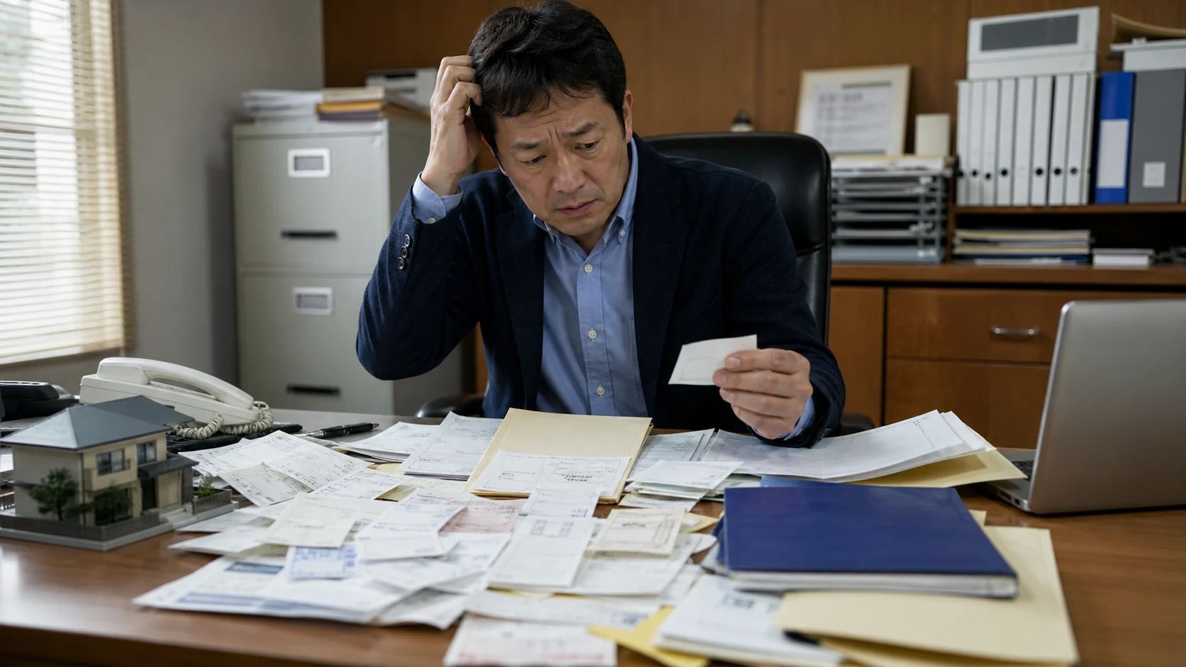 会社資産と個人資産の区分が曖昧な融資資料を確認する経営者